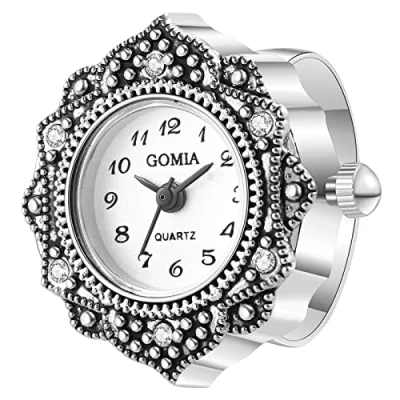 Image of JewelryWe Novelty Finger Watch Classic Gold Silver Plated Round Dial Quartz Rings Adjustable Rhinetsone Ring Watch, for Mothers Day