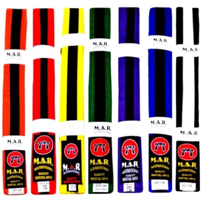 Image of MAR Red &amp; Black Martial Arts Colour Stripe Belt for Karate, Judo, Taekwondo, Jiu Jitsu One Ranking Poly Cotton with 9 Rows of Stitching Coloured Grading Durable Belts (320cm)