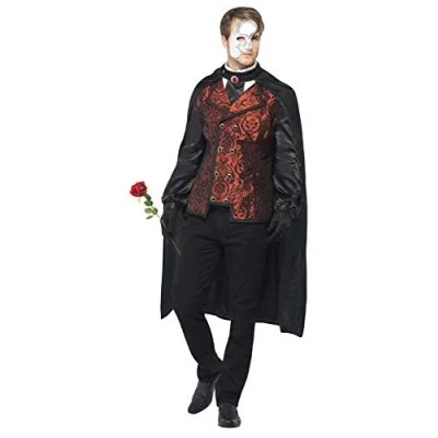 Image of Smiffys Dark Opera Masquerade Costume, Black with Cape, Mock Shirt, Mask, Gloves &amp; Faux Rose, Halloween Carnival of The Damn Fancy Dress, Vampire Dress Up Costumes