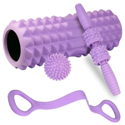 Image of Foam Roller Set for Muscle Relief and Recovery (Purple), Stick, Massage Ball, Figure 8 Resistance Band, Roller, Deep