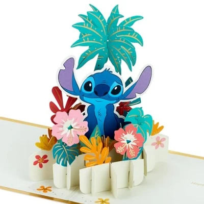Image of Hallmark Disney Lilo &amp; Stitch, 3D Pop Up Any Occasion Card, Stitch with Hawaiian Flowers, Birthday, Father&#039;s Day, Daughter, Son, Granddaughter, Grandson, Gold