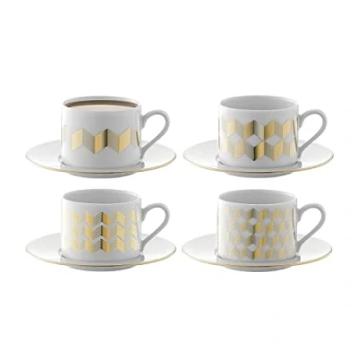 Image of LSA International Chevron Teacup &amp; Saucer 0.25L Gold Assorted Set of 4 Mouthblown Handmade Glass CH12