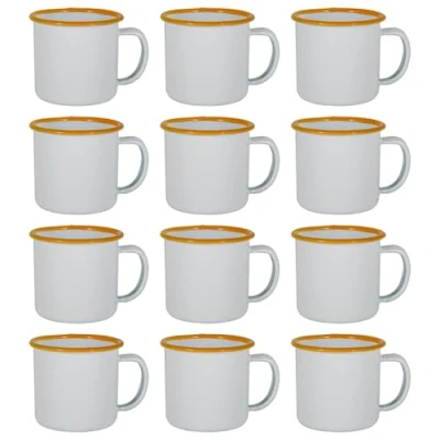 Image of Argon Tableware White Enamel Espresso Cups Metal Outdoor Camping Coffee Hot Drinks Set 130ml Yellow Pack of 12