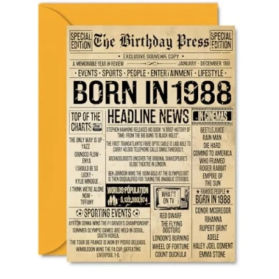 Image of 37th Birthday Card for Men Women Bday Press Newspaper 1988 Happy 37 Cards Dad Friend Cousin Sister Neighbour Wife, A5 Greeting