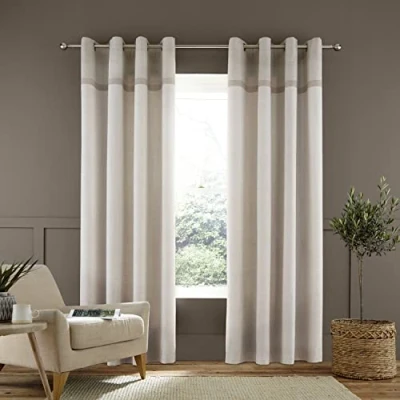 Image of Catherine Lansfield Melville Woven Texture Cotton 66x54 Inch Eyelet Unlined Curtains Two Panels Natural