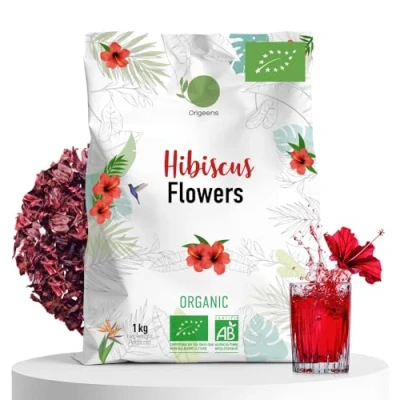 Image of ORIGEENS Hibiscus TEA Organic 1kg Flower for Infusions, Iced Tea, Karkade Dried Flowers, Draining Detox Treatment