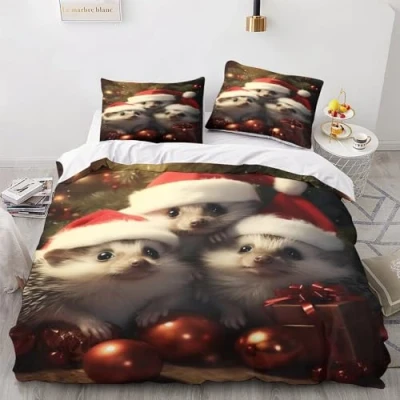 Image of GEEYOU Christmas Animals Breathable Comforter Cover Hidden Zipper Xmas Duvet Set with Pillowcases Bedding Soft Microfiber Quilt for Various Sizes Beds Double（200x200cm）