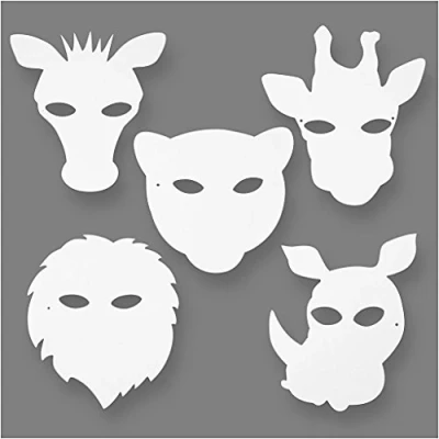Image of Create Crafts 100263 Animal White Card Face Masks Giraffe Zebra Lion Rhino Leopard Pack of 16, 20.5cm 22.5cm x 25cm