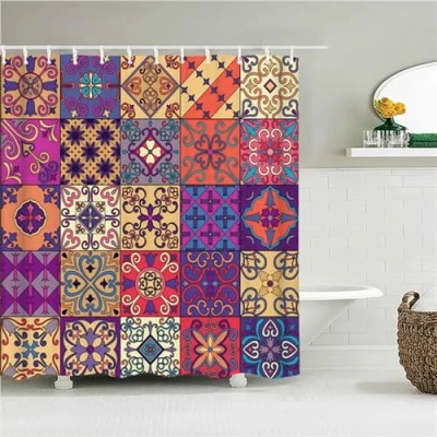 Image of Boho Coloring Book Shower Curtain Washable Bath Curtains,with 12 Hooks and Weighted Hem,Fabric Curtains Outdoor Waterproof Polyester for Tub Stall,90x90cm W36*L36 Inch