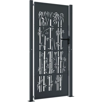 Image of vidaXL Garden Gate Driveway Anthracite Steel Bamboo Design 105 x 205 cm Outdoor Fence Entry