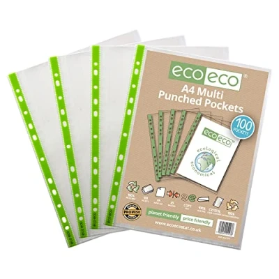 Image of eco A4 100% Recycled Premier Multi Punched Pockets Glass Clear, Transparent Poly Wallet Sheet Protector, 65 Microns (2 Packs of 100), 200 Wallets, eco113x2