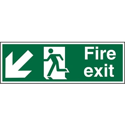 Image of Seco Fire Exit Arrow Pointing Down &amp; Left, Man Running Sign, 300mm x 100mm 2mm Prestige Acrylic