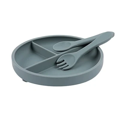 Image of Tiny Dining Baby Suction Plate, Fork &amp; Spoon Set Tradewinds 3pc Silicone Feeding for Babies, Toddlers Kids