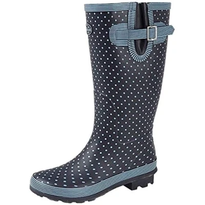 Image of Onlineshoe Flat Wide Calf Wellie Wellington Festival Rain Boots Assorted Colours 4 Blue Polka Dot