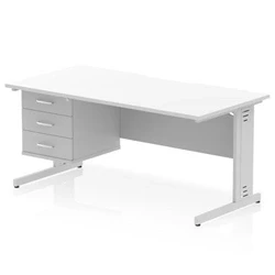 Image of Impulse 1600 x 800mm Scalloped Edge Office Desk White Top Silver Cable Managed Leg Workstation 1 3 Drawer Fixed Pedestal
