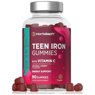 Image of Iron Gummies for Teens 90 Count with Vitamin C Cherry Flavour Vegetarian and Vegan Supplement by Horbaach