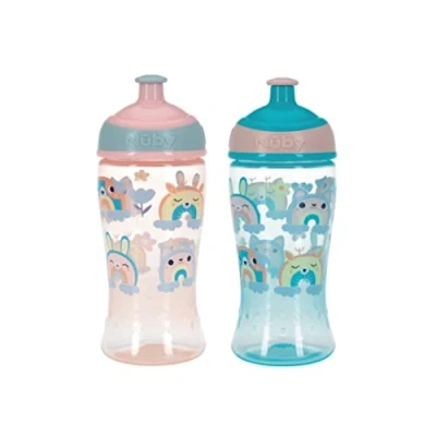 Image of Nuby Super Slurp Water Bottle No Spill Active Toddler Sippy Cup 360ml / 12oz Easy Grip Dishwasher Safe Suitable Beaker for 18 Months Plus (Rainbows, Pack of 2), 048526890460