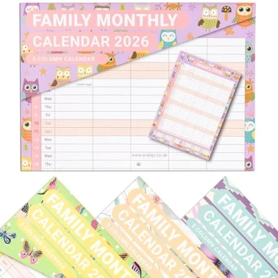 Image of evelay Family Calendar 2025 Month to View 5 Columns A3 When Open Hanging Wall Planner Organiser (Owl)