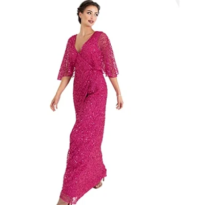 Image of Maya Deluxe Women&#039;s Maxi Ladies Sequin Embellished Wrap A Line Dress for Wedding Guest Bridesmaid Evening Prom Ball Occasion, Fuchsia, 14