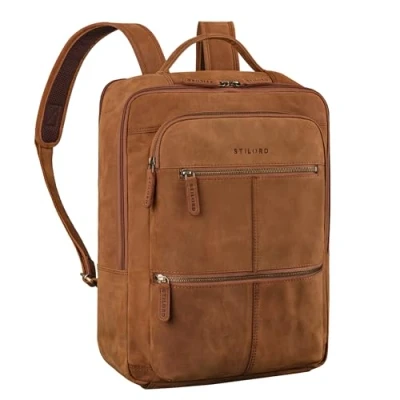 Image of STILORD &#039;Coryo&#039; 17 inch Laptop Backpack Leather Large &amp; Stylish Business for Men and Women Work Made of Genuine Leather, Colour:tan dark brown