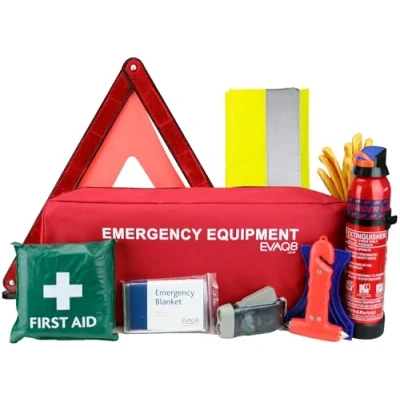 Image of EVAQ8 Advanced Car Safety Kit with Extinguisher and Torch UK Standard Parts Includes Warning Triangle, First aid kit, Emergency Blanket, Hammer, Torch, high Visibility Vest, Carry Bag