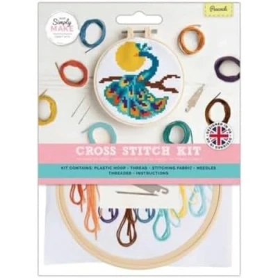 Image of Simply Make Cross Stitch Kit Peacock Design for Kids and Adults, Including Hoop, Embroidery Thread, Fabric Needle Perfect Adult Crafts Beginners Starter Craft