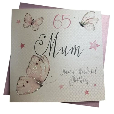 Image of WHITE COTTON CARDS Handmade 65 Mum Have a Wonderful Vintage Butterflies 65th Birthday Card, White, PM65