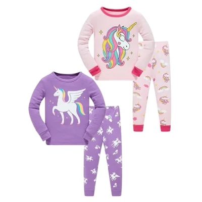 Image of SOIBEEN Girls Pyjama Set Long Sleeve T Shirt &amp; Pants Loungewear Pink Purple Unicorn PJs for Kids Sleepwear Nightwear 4 Years