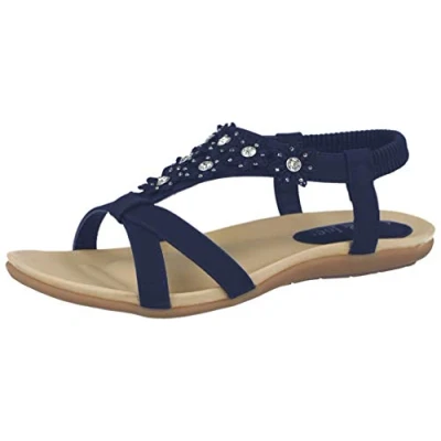 Image of Jo &amp; Joe Ladies Faux Leather Peep Toe Sling Back T Bar Flower Fashion Flat Diamante Flip Flop Sandals Size 3 8 (UK 7, Navy)