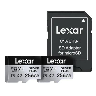 Image of Lexar 256GB (2 Pack) Professional Silver Plus microSDXC Memory Card w/SD Adapter, UHS I, C10, U3, V30, Full HD &amp; 4K Video, Up to 205/150 MB/s Read/Write, for Videographers, Gamers (LMSSIPL256G B2ANU)