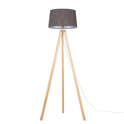 Image of MiniSun Modern Light Wood Tripod Design Floor Lamp with a Grey Tapered Shade Complete 6w LED GLS Bulb [3000K Warm White]