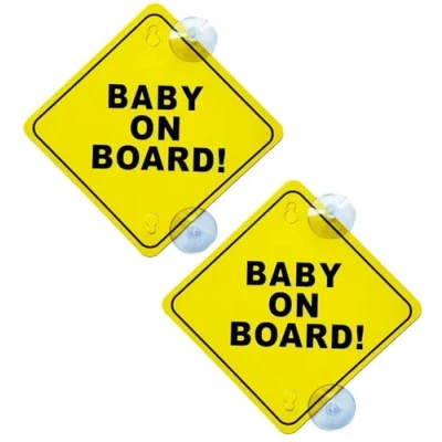 Image of BOBOZHONG Baby on Board Car Warning Signs, 2PCS Sign for Car,Self Adhesive with Double Suction Cups,Waterproof Durable Sticker,for Window Cling Reusable (12CM)