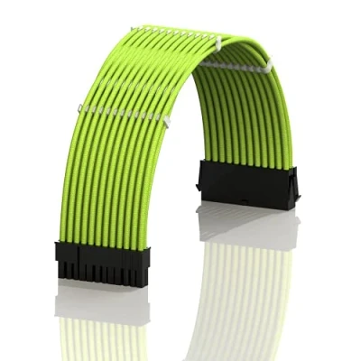 Image of LINKUP AVA 30cm ATX 24 Pin (20+4) Motherboard PSU Braided Sleeved Power Supply Extension Cable w/Combs Strong &amp; Stiff Design Single Pack 300mm Green