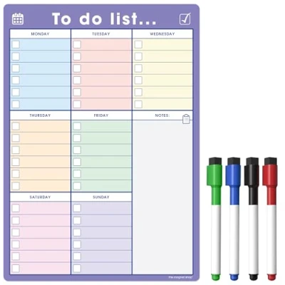 Image of The Magnet Shop A3 Magnetic To Do List and Weekly Planner Organise Your Chores, Housework, Office Business Tasks With Our Dry Wipe Boards 4 Erase Pens! (Colour/Purple, A3)