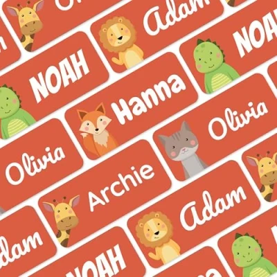 Image of melu kids® Name Labels for Clothes &amp; Items (50, Red) No Iron Labels, Personalised and Washable Clothing Kids Stickers, Stick on Tags School, Care Homes
