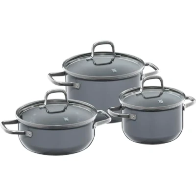 Image of WMF Fusiontec Essential Induction 3 Piece Saucepan Set with Glass Lid, Pots Set, High Tech Ceramic, Scratch Resistant, Uncoated, Grey