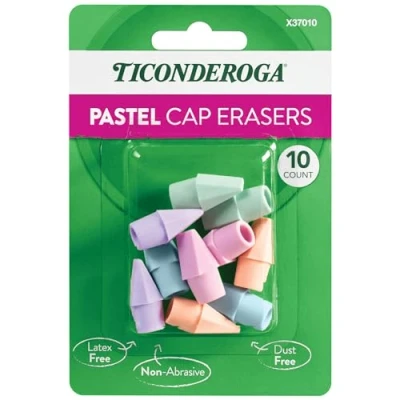 Image of Ticonderoga Pencil Cap Erasers, Assorted Pastel Colors, 10 Count