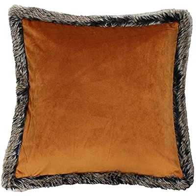 Image of Riva Paoletti Kiruna Square Filled Cushion Rust Orange Velvet Look and Feel Faux Fur Edging Reversible Hidden Zip Closure 100% Polyester Case 45 x 45cm (18&quot; 18&quot; inches)