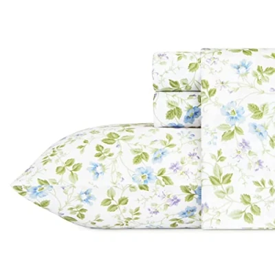 Image of Laura Ashley Home Sateen Collection Sheet Set 100% Cotton, Silky Smooth &amp; Luminous Sheen, Wrinkle Resistant Bedding, Queen, Spring Bloom Wildflower