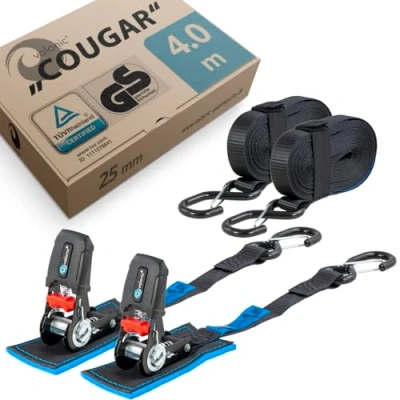 Image of valonic COUGAR, ratchet straps with hooks, TÜV Rheinland &amp; GS certified, EN 12195 2, padded, 800kg, 4m, two piece tie down strap for motorcycle and trailer, black