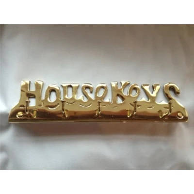 Image of Larger Solid Brass&quot; House Keys&quot; Key Hook Including Wall fixings, 5 Hooks Mounted Holder Rack fixings