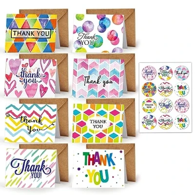 Image of Yoolly 8 Pack Thank You Cards, Greeting Cards Multipack with Envelopes and Stickers, for Teachers, Graduation, Wedding, Family, Birthday, Business (Watercolor)