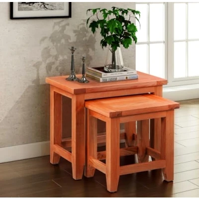 Image of Hallowood Furniture Cotswold Oak 2 Nest of Tables in Medium Oak, Solid Wooden Side for Bedroom, Coffee Table, Small Lamp Nesting Spaces