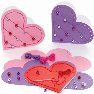 Image of Baker Ross Heart Bead Threading Card Kits Pack of 6, Art Supplies for Children Making Activities (FC427), White