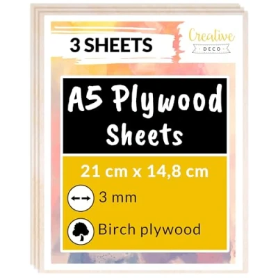 Image of Creative Deco 3 x A5 Birch Plywood Sheets 148 210 3mm Baltic Wood Ply Perfect Board for DIY Home Decor, Arts, Craft, Painting, Laser Cutting, CNC, Scroll Saw, Stenciling Pyrography