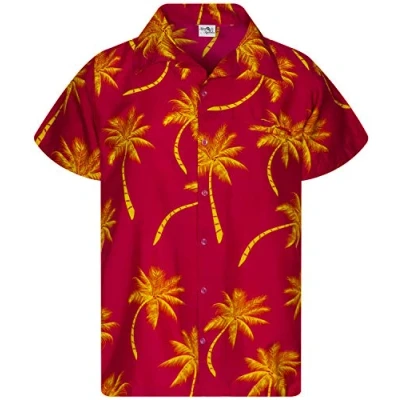 Image of King Kameha Men&#039;s Shirt Short Sleeve Casual Button Down Hawaii Vacation, Palm Shadow, Red Yellow, L