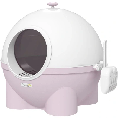 Image of PawHut Large Cat Litter Box, Hooded Tray with Lid, Scoop, Top Handle, Front Entrance, 53 x 51 48cm Pink
