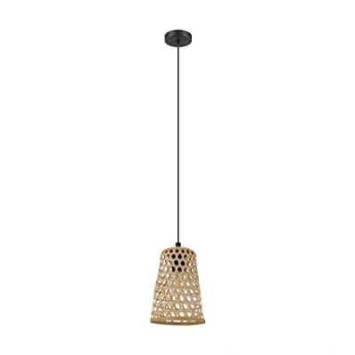 Image of EGLO Claverdon Pendant Light, 1 Bulb Lamp, Vintage, Natural, Boho, Hygge, Light Made of Steel, Wood in Black, Natural Colours, Dining Table Living Room Lamp Hanging with E27