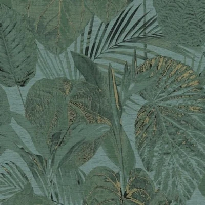Image of Tropical Leaves Green Wallpaper Metallic Gold Effect Modern Contemporary Textured Paste The Wall Vinyl