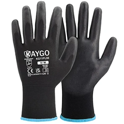 Image of KAYGO Work Gloves PU Coated 12 Pairs, KG11PB, Black Safety Working with Secure Grip on Palm &amp; Fingers, for Men and Women, Ideal General Duty Work, Gardening (Medium, Black)